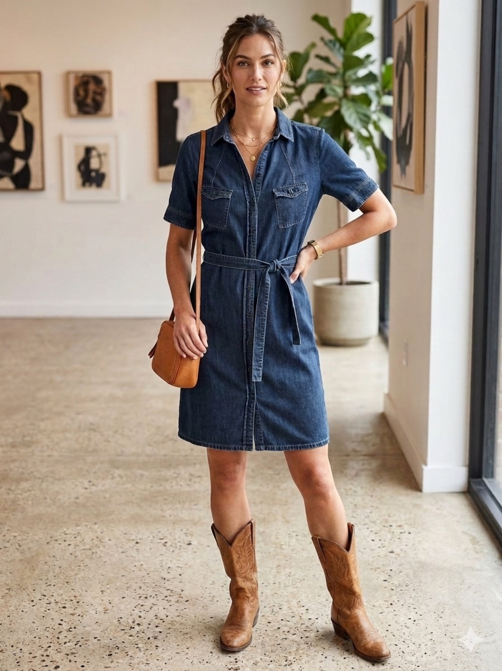 Talbots Dark Wash Denim Shirt Dress Matching Belt Sz 10 Cotton Boho Western Chic